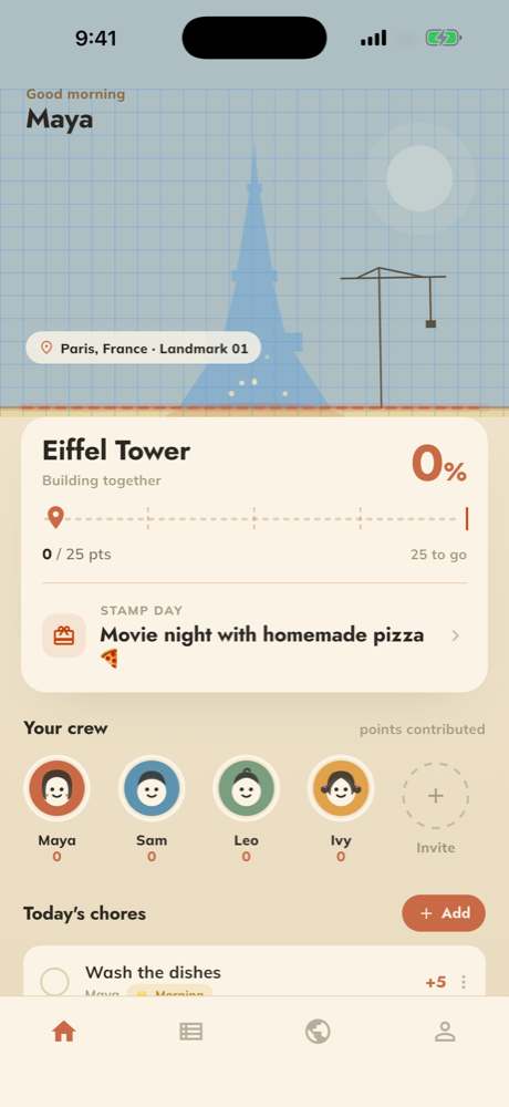 Homeworld: a household building the Eiffel Tower together
